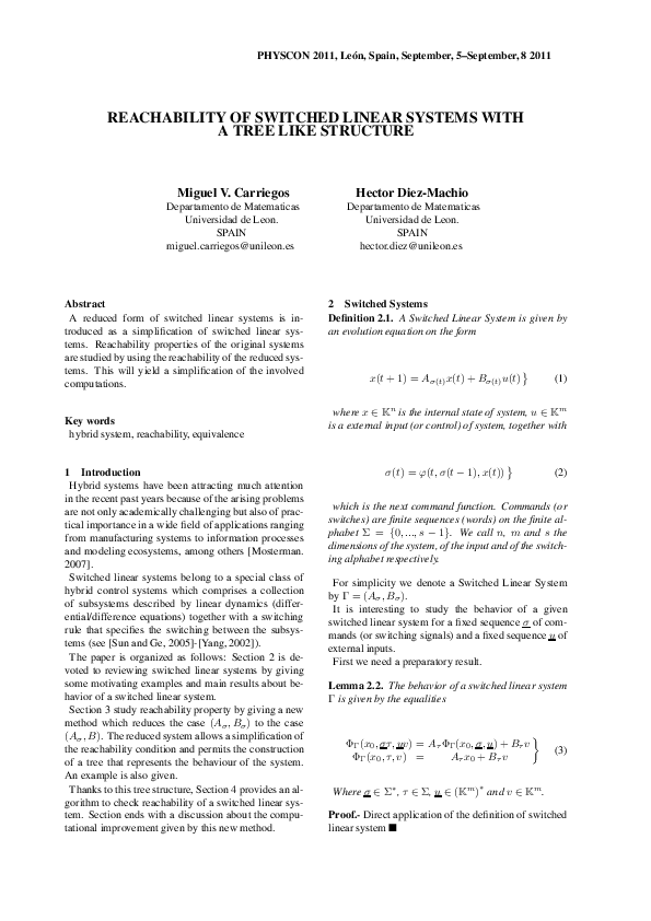 (PDF) Reachability of Switched Linear Systems with a tree like structure