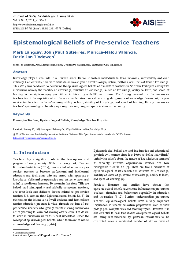 (PDF) Epistemological Beliefs of Pre-service Teachers