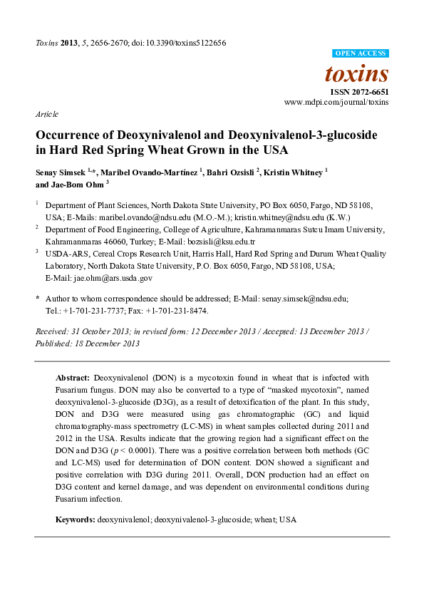 (PDF) Occurrence of deoxynivalenol and deoxynivalenol-3-glucoside in ...