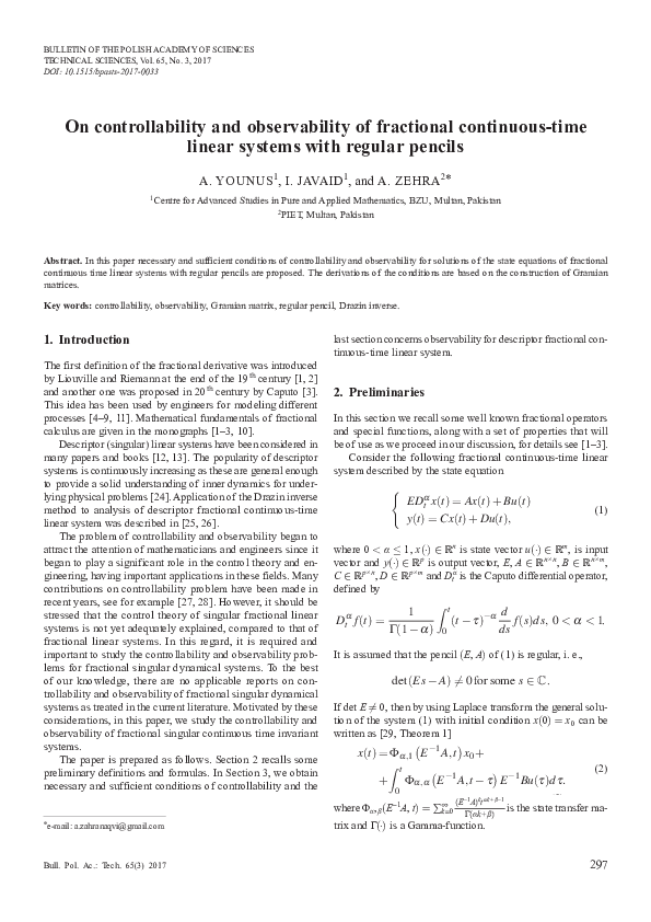 (PDF) On controllability and observability of fractional continuous ...