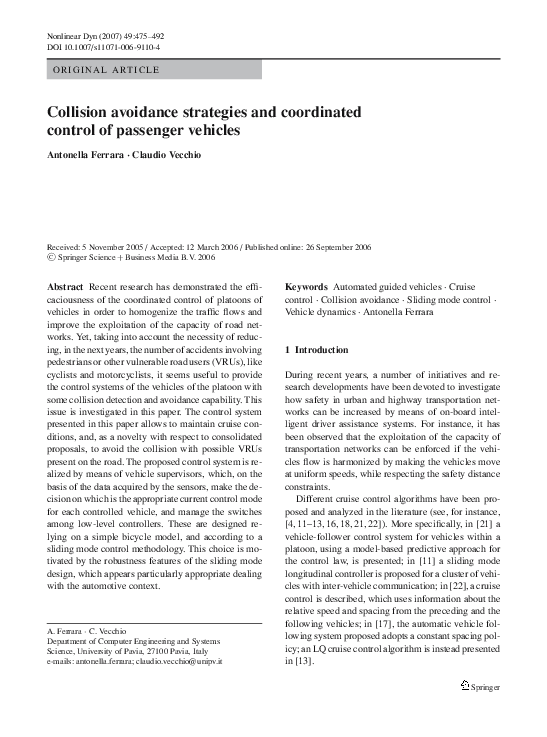 (PDF) Collision avoidance strategies and coordinated control of ...