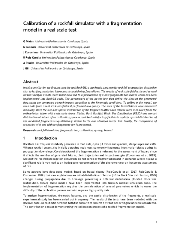 (PDF) Calibration of a rockfall simulator with a fragmentation model in ...