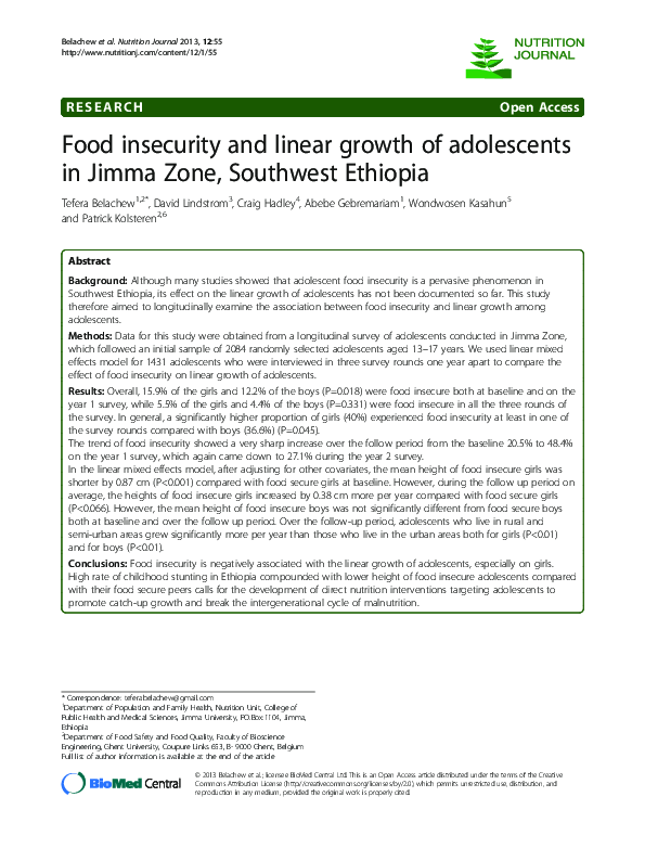 (PDF) Food insecurity and linear growth of adolescents in Jimma Zone ...