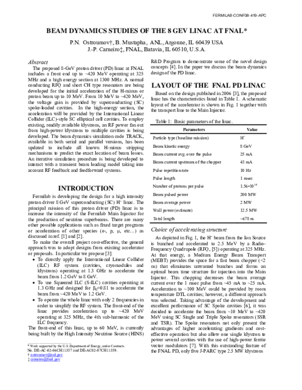 (PDF) Beam dynamics studies of the 8 GeV Linac at FNAL