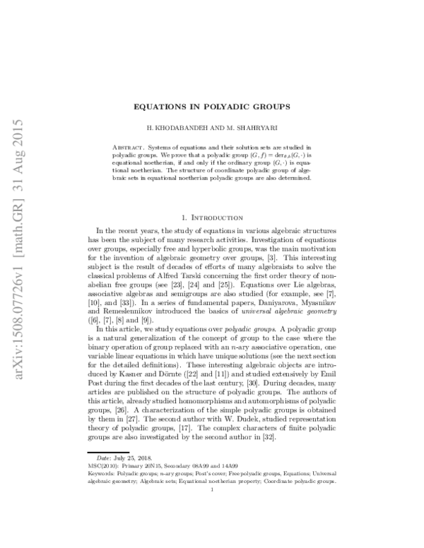 (PDF) Equations in polyadic groups