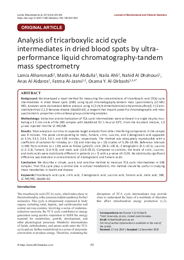 Analysis of tricarboxylic acid cycle intermediates in dried blood spots by ultraperformance liquid chromatography-tandem mass spectrometry