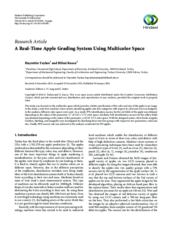 (PDF) A Real-Time Apple Grading System Using Multicolor Space