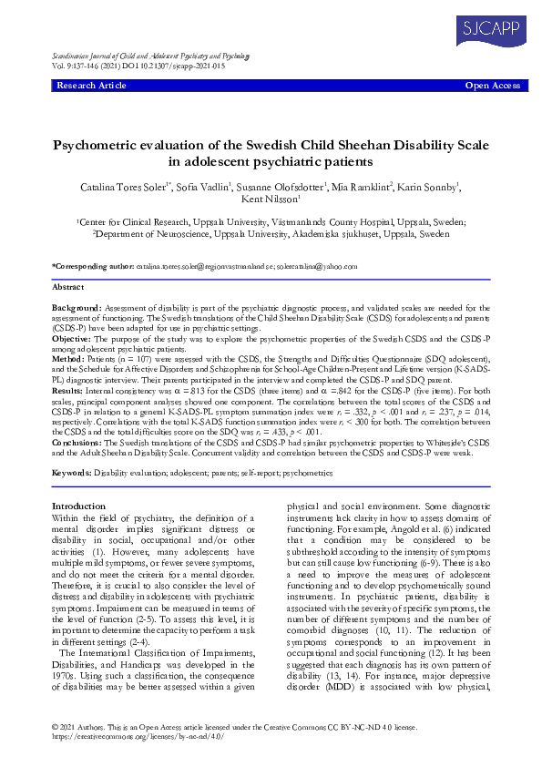 (PDF) Psychometric evaluation of the Swedish Child Sheehan Disability ...