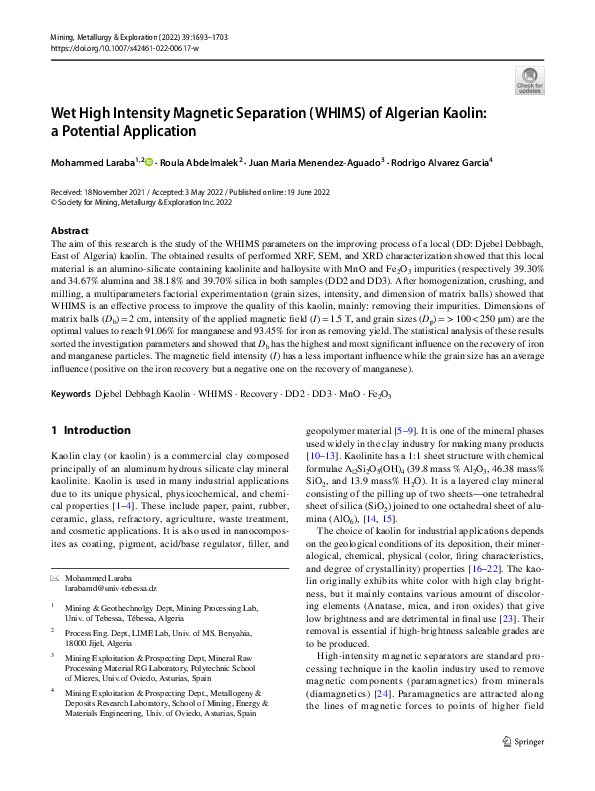 (PDF) Wet High Intensity Magnetic Separation (WHIMS) of Algerian Kaolin ...