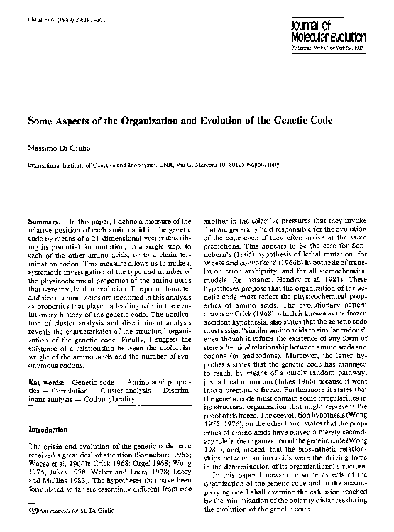 (PDF) Some aspects of the organization and evolution of the genetic code