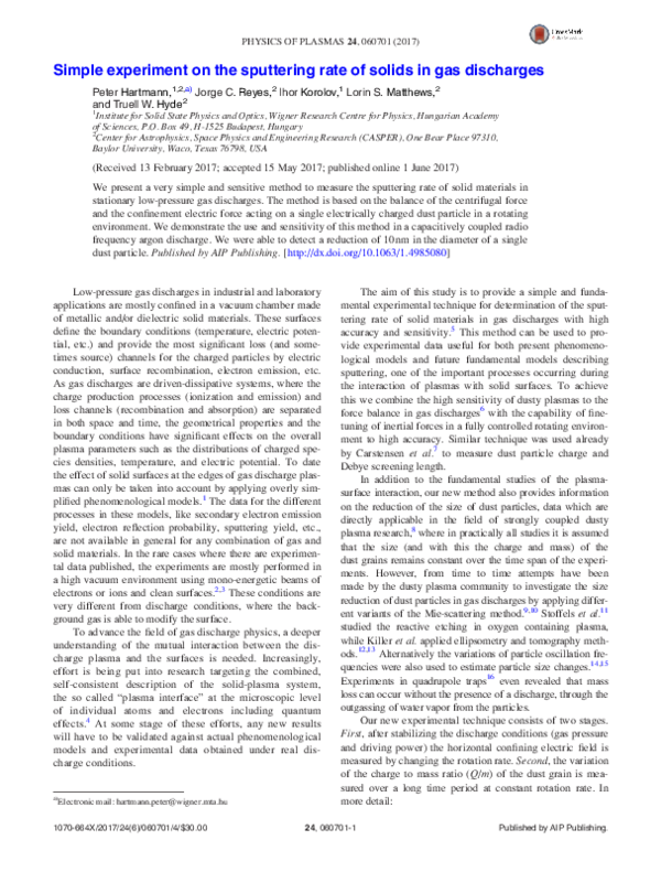 (PDF) Simple experiment on the sputtering rate of solids in gas discharges