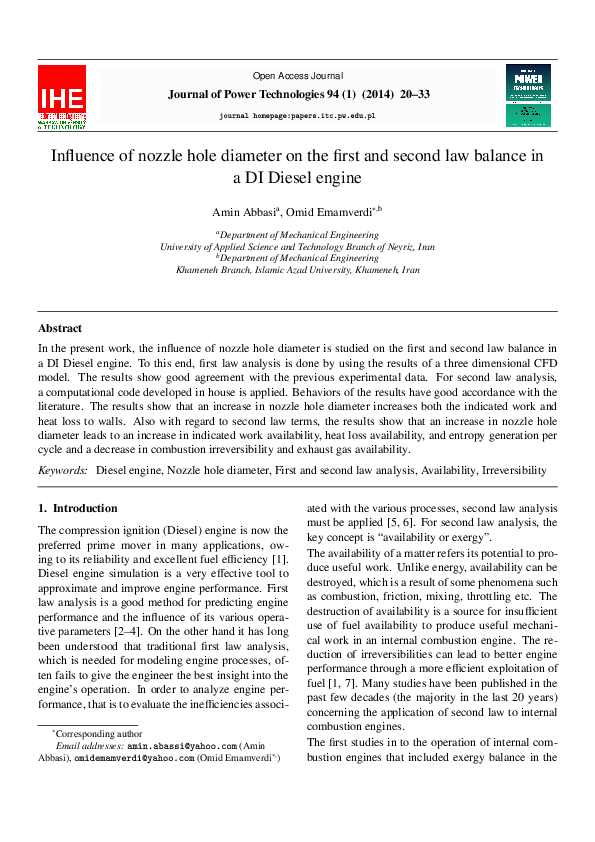 (PDF) Influence of nozzle hole diameter on the first and second law ...