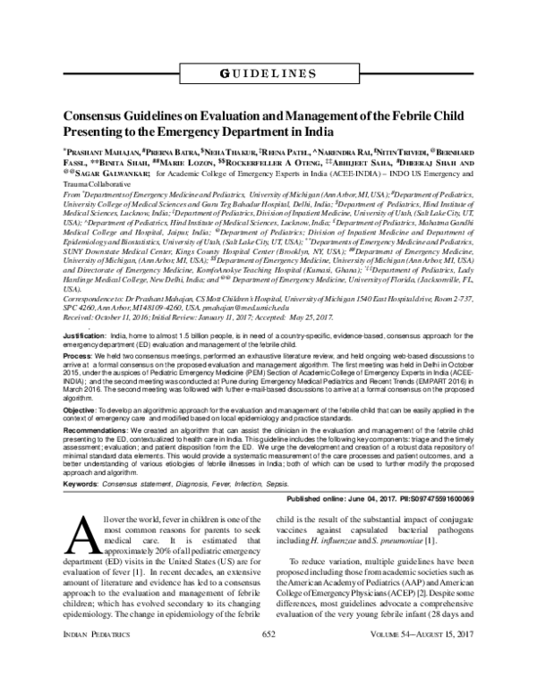 (PDF) Consensus guidelines on evaluation and management of the febrile ...