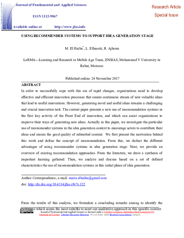 (PDF) Using recommender systems to support idea generation stage