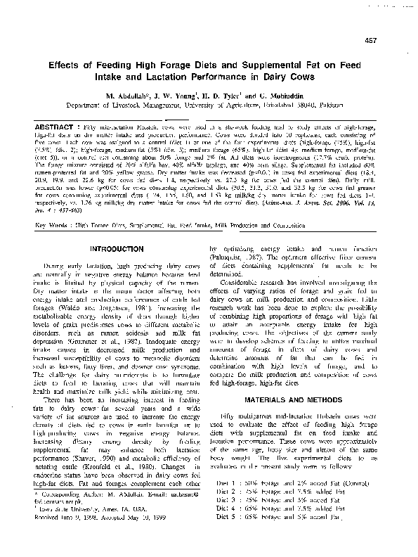 (PDF) Effects of Feeding High Forage Diets and Supplemental Fat on Feed ...
