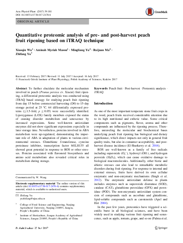 (PDF) Quantitative proteomic analysis of pre- and post-harvest peach ...