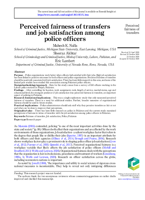 (PDF) Perceived fairness of transfers and job satisfaction among police ...