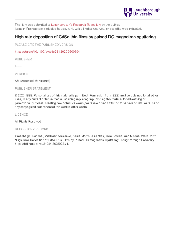 (PDF) High Rate Deposition of CdSe Thin Films by Pulsed DC Magnetron ...