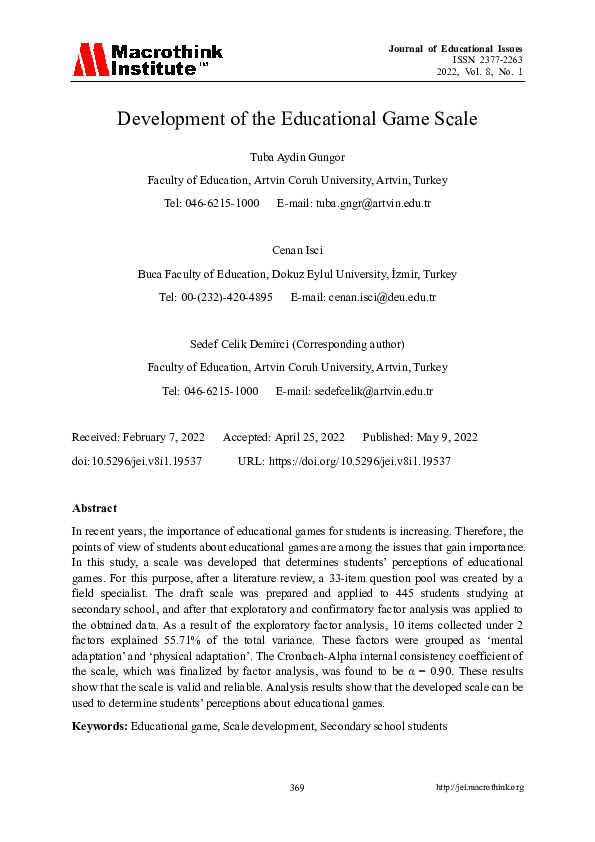 (PDF) Development of the Educational Game Scale