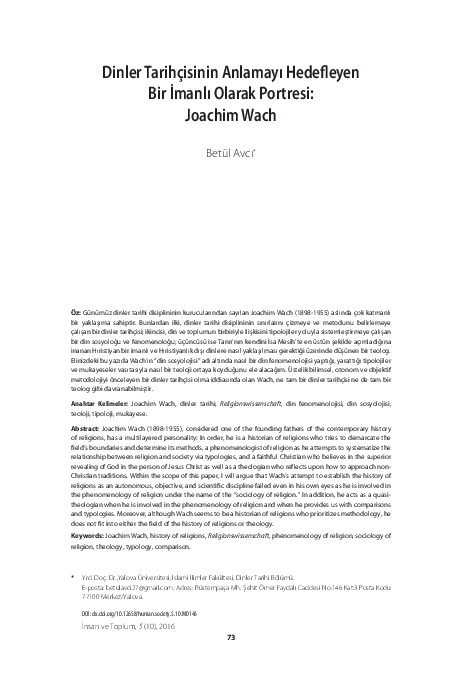 Dinler Tarihçisinin Anlamayı Hedefleyen Bir İmanlı Olarak Portresi: Joachim Wach