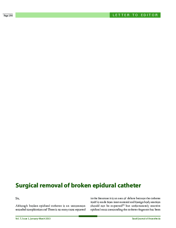 (PDF) Surgical removal of broken epidural catheter Safwat ABOUHASHEM