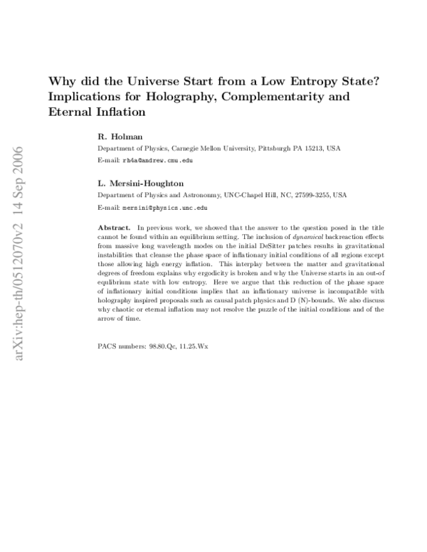 (PDF) Why did the Universe Start from a Low Entropy State