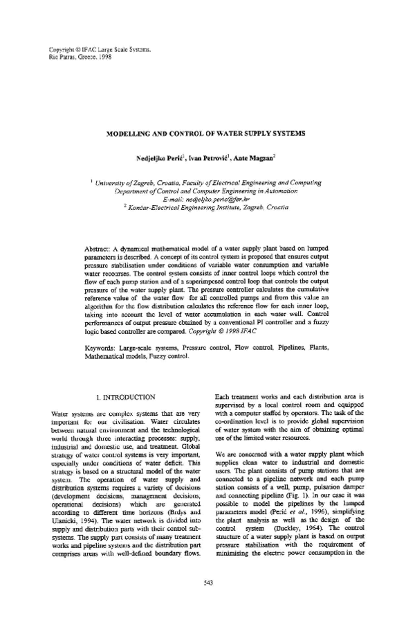 (PDF) Modelling and Control of Water Supply Systems