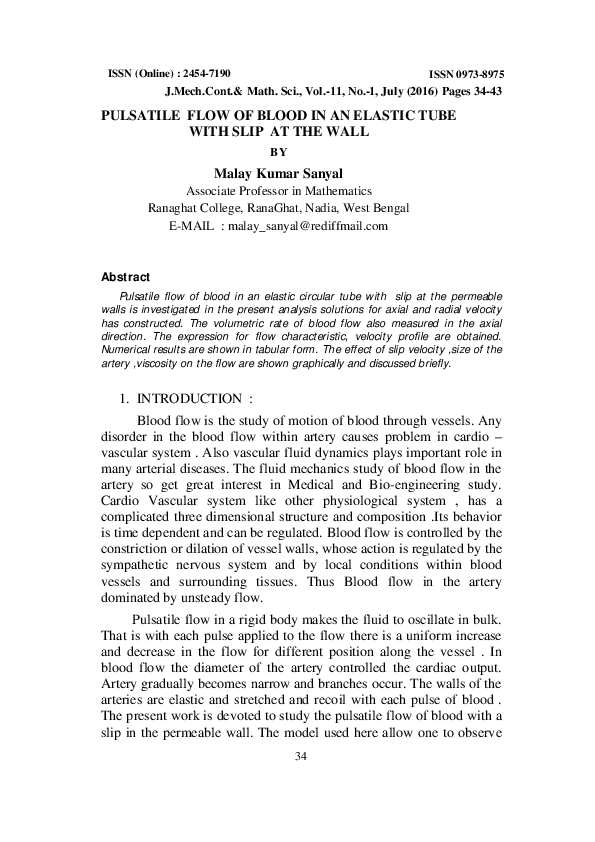 (PDF) Pulsatile Flow of Blood in an Elastic Tube with Slip at the Wall
