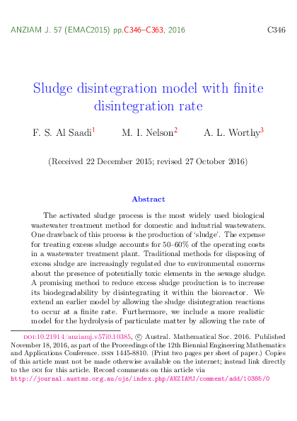 (PDF) Sludge disintegration model with finite disintegration rate