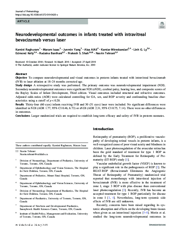(PDF) Neurodevelopmental Outcomes in Infants Treated for Retinopathy of ...
