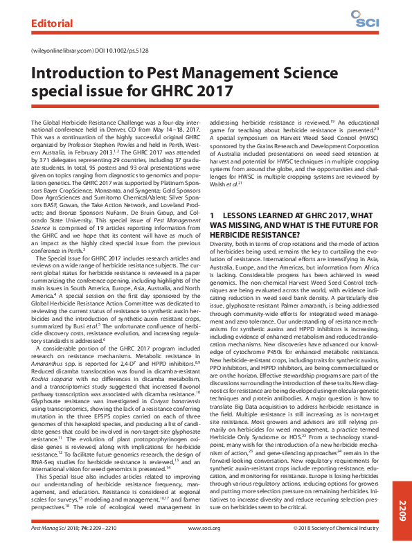 (PDF) Introduction to Pest Management Science special issue for GHRC 2017