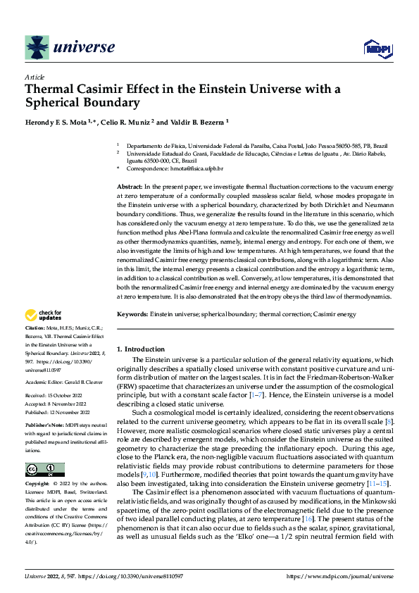 (PDF) Thermal Casimir Effect in the Einstein Universe with a Spherical ...