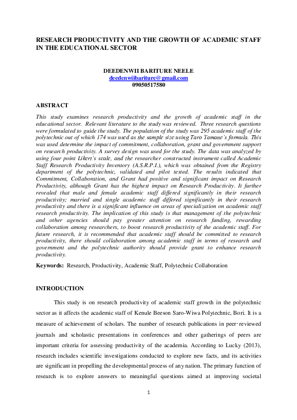 (PDF) RESEARCH PRODUCTIVITY AND THE GROWTH OF ACADEMIC STAFF IN THE ...
