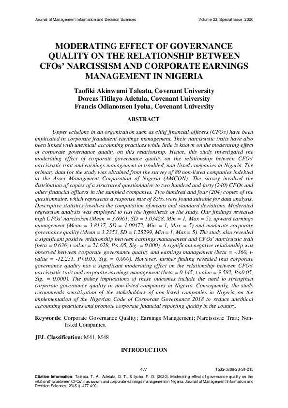 (PDF) MODERATING EFFECT OF GOVERNANCE QUALITY ON THE RELATIONSHIP ...