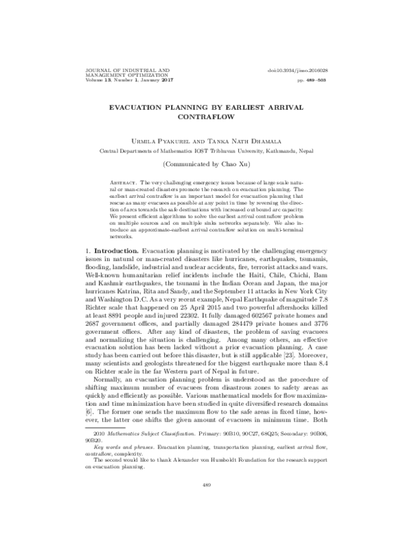 (PDF) Evacuation planning by earliest arrival contraflow