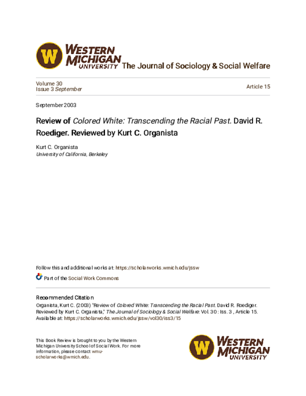 (PDF) Review of Colored White: Transcending the Racial Past. David R ...