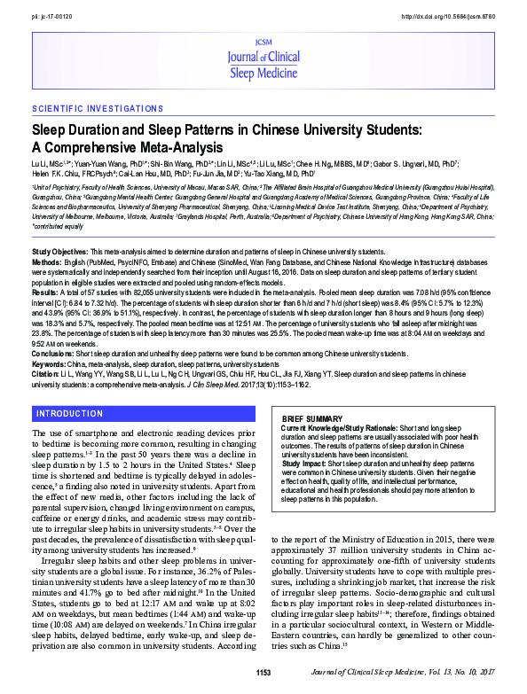(PDF) Sleep Duration and Sleep Patterns in Chinese University Students ...