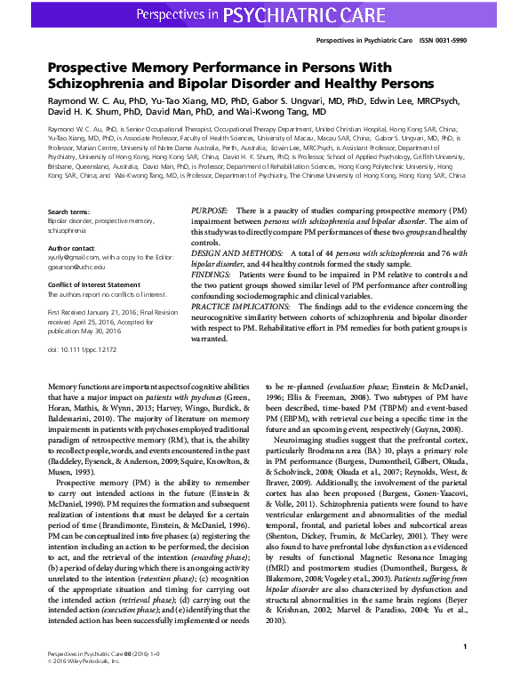 (PDF) Prospective Memory Performance in Persons With Schizophrenia and ...