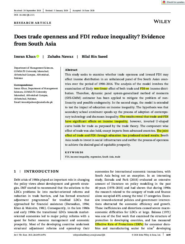 (PDF) Does trade openness and FDI reduce inequality? Evidence from ...