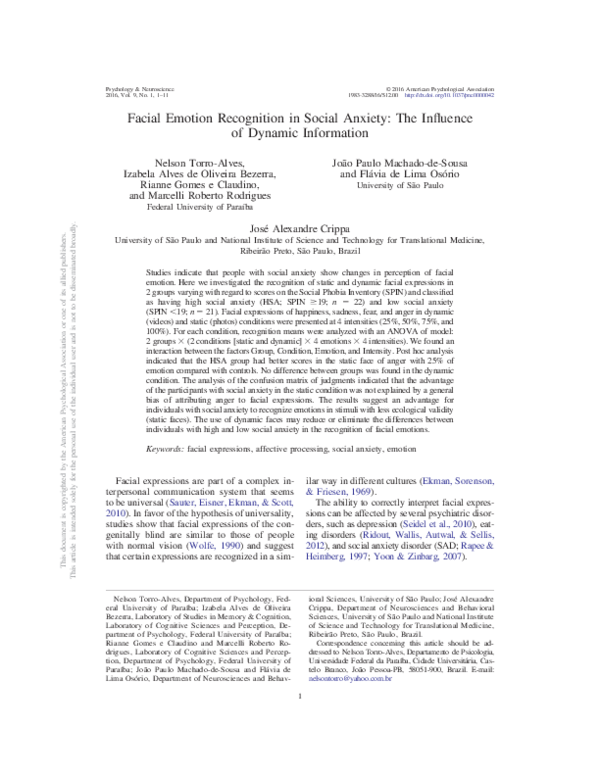 (PDF) Facial emotion recognition in social anxiety: The influence of ...