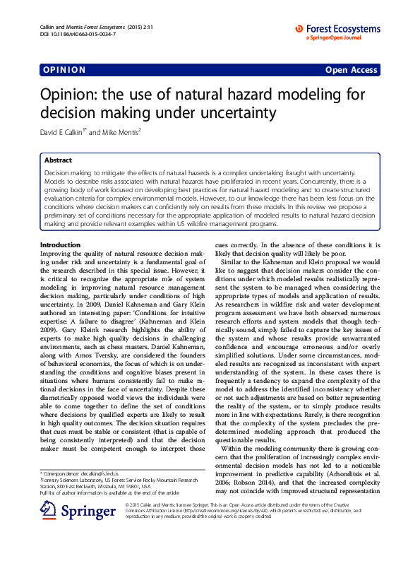 Pdf Opinion The Use Of Natural Hazard Modeling For Decision Making