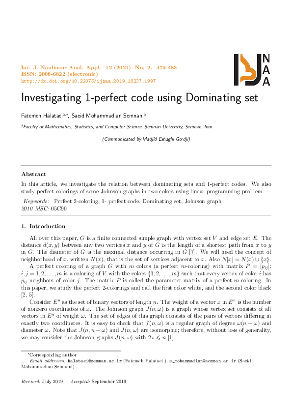 (PDF) Investigating 1-perfect code using Dominating set