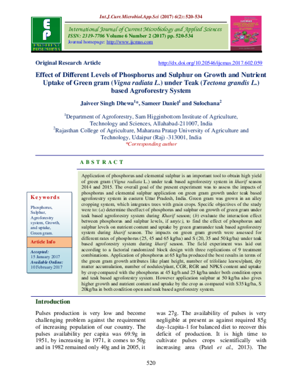 (PDF) Effect of Different Levels of Phosphorus and Sulphur on Growth ...