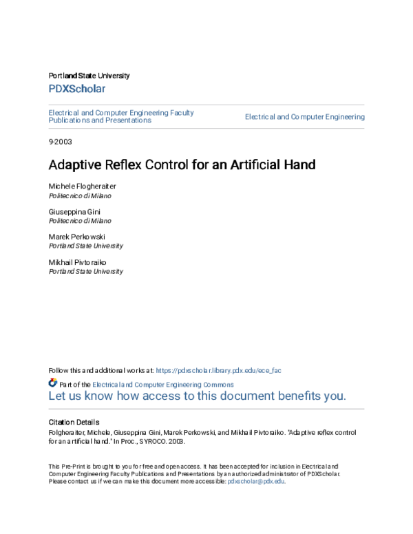 (PDF) Adaptive Reflex Control for an Artificial Hand