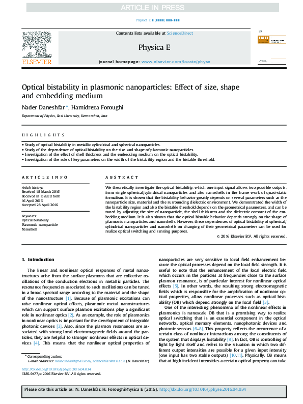 (PDF) Optical bistability in plasmonic nanoparticles: Effect of size ...