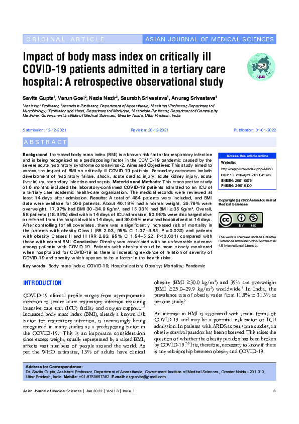 (PDF) Impact of body mass index on critically ill COVID-19 patients ...