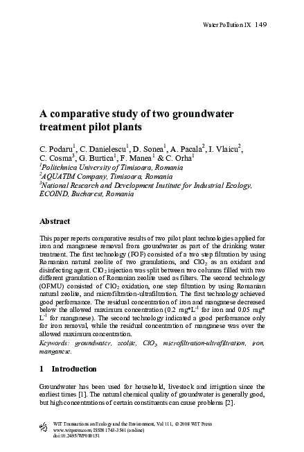 (PDF) A comparative study of two groundwater treatment pilot plants