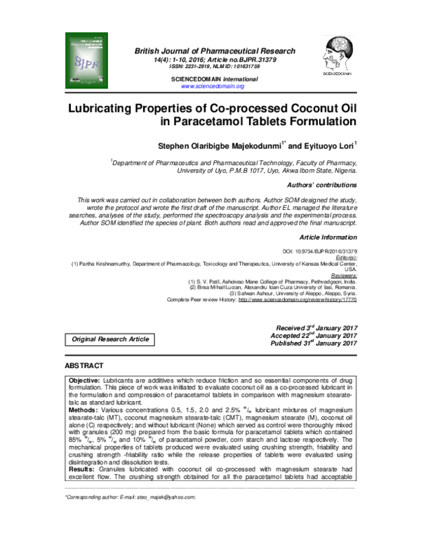 (PDF) Lubricating Properties of Co-processed Coconut Oil in Paracetamol ...