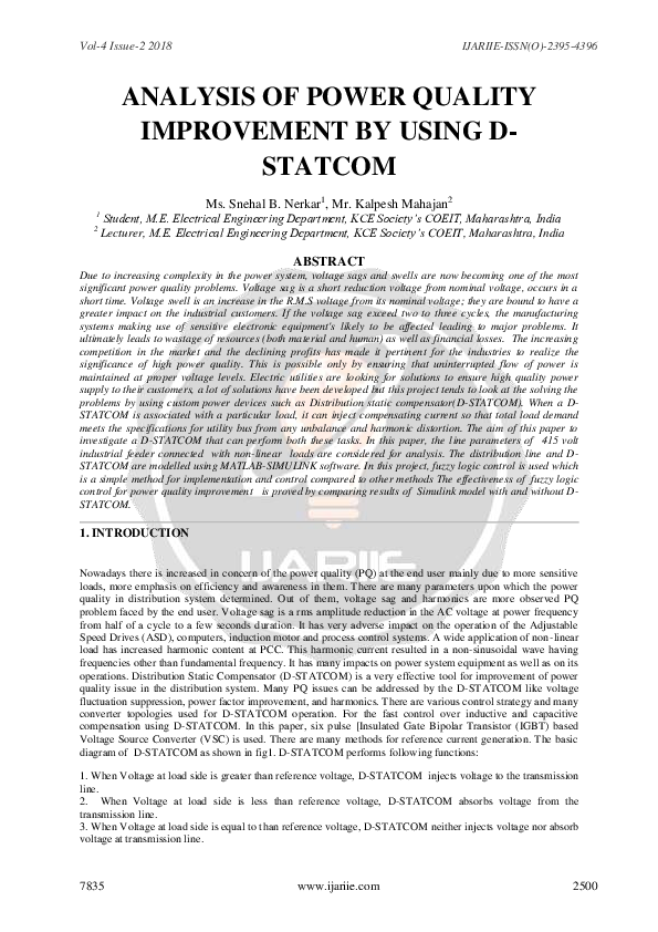 (PDF) Analysis of Power Quality Improvement by Using D-Statcom