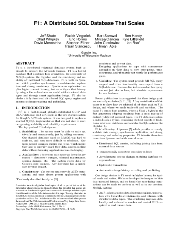 (PDF) F1: A Distributed SQL Database That Scales